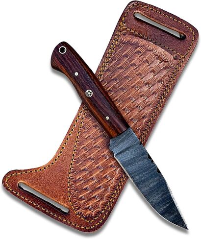 Handmade Damascus Hunting Knife with Sheath, 8" Skinner Knife with 4" Fixed Blade & Rosewood Handle, Full Tang Design with Leather Sheath for Hunting, Camping & Outdoors in Kuwait