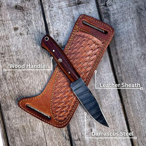 Handmade Damascus Hunting Knife with Sheath, 8" Skinner Knife with 4" Fixed Blade & Rosewood Handle, Full Tang Design with Leather Sheath for Hunting, Camping & Outdoors in Kuwait