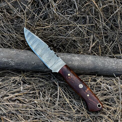 Handmade Damascus Hunting Knife with Sheath, 8" Skinner Knife with 4" Fixed Blade & Rosewood Handle, Full Tang Design with Leather Sheath for Hunting, Camping & Outdoors in Kuwait