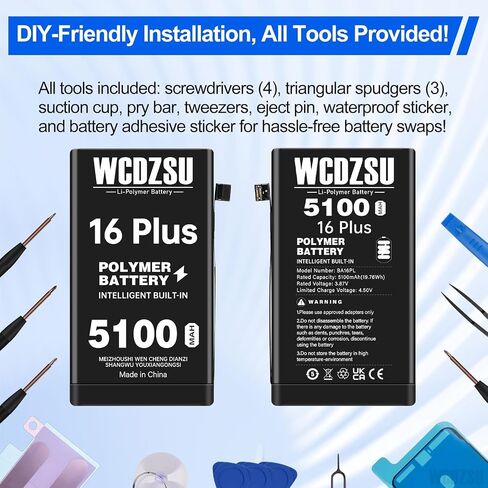 Battery Replacement for iPhone 16 Plus 5100mAh New 0 Cycle High Capacity Li-Polymer Battery for iPhone 16 Plus with Full Tool Kit Model A3082 A3289 A3291 A3290 in Kuwait