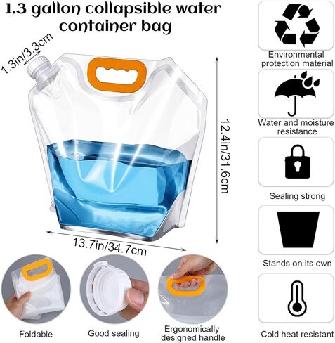 12PCS 1.3 Gallon Water Storage Bag, Water Container Emergency Jug, Plastic Storage Pouch Freezable Carrier Tank, Foldable Bottle for Outdoor Sport Camping (Clear,No Scale) in Kuwait