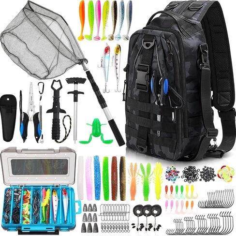 RoundFunny 256 Pcs Fishing Backpack with Tackle Box Gears, Tackle Sling Bag Backpack, Fishing Hook, Lures, Retractable Landing Net, Plier, Lip Gripper, Hook Remover, Fish Gift Men in Kuwait