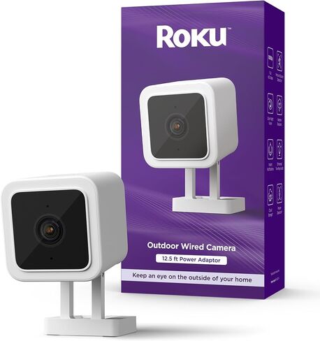 Roku Outdoor Camera for Home Security - IP65 Weather Resistant Wired Security Camera with 1080p HD Night Vision, Works with Alexa & Google, Motion & Sound Detection - 90-Day Subscription Included in Kuwait