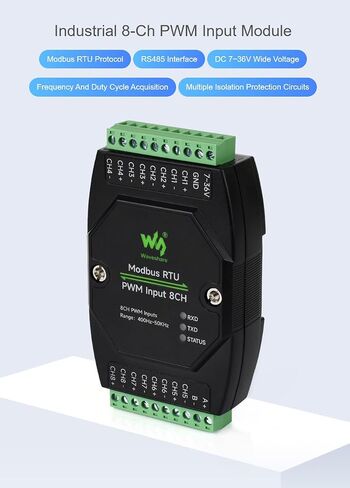 Modbus RTU PWM Input Module 8CH, Isolated RS485 8-Channel PWM Pulse Detector, Frequency & Duty Cycle Acquisition, 7-36V DC Input, DIN Rail Mount Case, TVS/Fuse Protection, LEDs in Kuwait