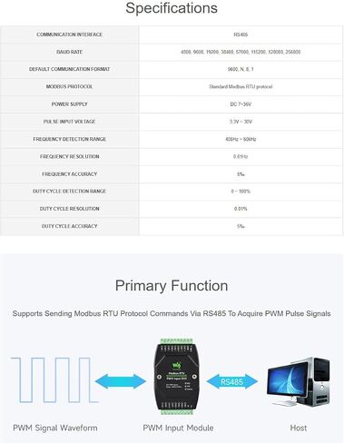 Modbus RTU PWM Input Module 8CH, Isolated RS485 8-Channel PWM Pulse Detector, Frequency & Duty Cycle Acquisition, 7-36V DC Input, DIN Rail Mount Case, TVS/Fuse Protection, LEDs in Kuwait