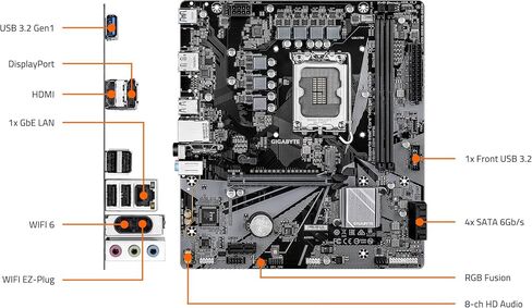 GIGABYTE H610M D3W WIFI6 Intel LGA 1700 Micro ATX Motherboard, Supports 14th/13th/12th Gen Intel Processors, 5+1+1 Power Phase, DDR5, 1x M.2, PCIe 4.0 x16, USB 3.2 Gen 1, WIFI6, GbE LAN, WiFi EZ-Plug in Kuwait