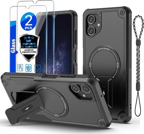 for Samsung Galaxy A06 5G case[Compatible with MagSafe][with 2 * 9H Tempered Glass Screen Protector], Built in Invisible Stand, Not Fading，Shockproof Protective Phone Cover 6.7-inch(Black1) in Kuwait