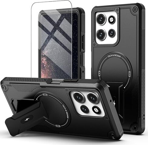 for Moto G Power 2026 Case: with Tempered Glass Screen Protector & Kickstand Heavy Duty Protection Magnetic Cover for Moto G Power 2025 Case(Black) in Kuwait