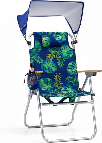 17" Tall Beach Chair with Canopy Shade,Support to 350LBS, Blue Striped in Saudi Arabia