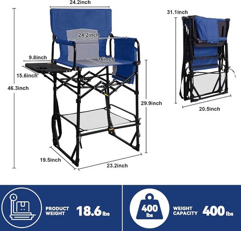 Romswi 2Pcs Extra Tall Portable 30" Seat Height Folding Camping Chair Directors Chair High Foldable Bar Stool with Side Table for Makeup Artist, Sports Event, Craft Show, Supports 400LBS,Blue in Kuwait