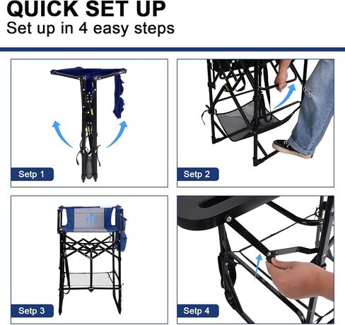 Romswi 2Pcs Extra Tall Portable 30" Seat Height Folding Camping Chair Directors Chair High Foldable Bar Stool with Side Table for Makeup Artist, Sports Event, Craft Show, Supports 400LBS,Blue in Kuwait