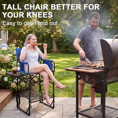 Romswi 2Pcs Extra Tall Portable 30" Seat Height Folding Camping Chair Directors Chair High Foldable Bar Stool with Side Table for Makeup Artist, Sports Event, Craft Show, Supports 400LBS,Blue in Kuwait