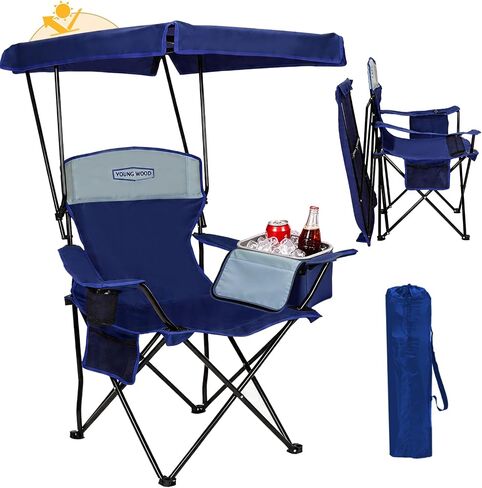 YOUNG WOOD Camping Chair with Canopy, Beach Chair with Shade,Portable,Lightweight Oversized for All, Easy to Open and Close Without Installation, Side Pocket Design for All Outdoor Activities，Blue in Kuwait