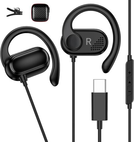 Jiunai Open Ear USB C Wired Headphones with Ear Hook Sports Earbuds, Black in Kuwait