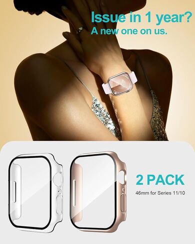 Smiling 2 Pack Case Compatible with Apple Watch Series 11 (2025)/Series 10 46mm with Tempered Glass Screen Protector, Hard PC Case Scratch-Resistant Overall Protective Cover- 1 Rose Gold + 1 Transparent in Kuwait