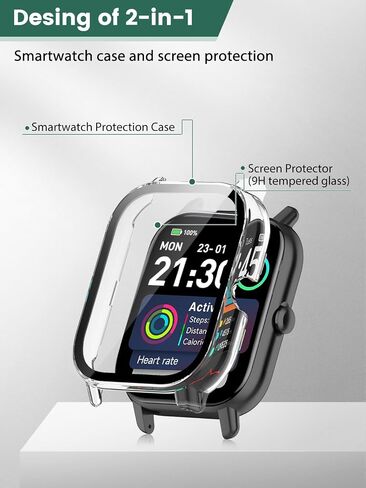 2-Pack Protective Case Cover Compatible with Trunsif 1.85" Smartwatch, Hard PC Shell & 9H Tempered Glass Screen Protector - Shockproof, Scratch-Resistant, Full Coverage (Clear) in Kuwait