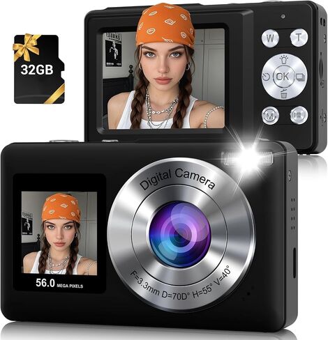 Digital Camera, 56MP 2.7K Dual-Screen Selfie Camera with 16X Zoom, 20 Filters & Anti-Shake, Portable Point and Shoot Digital Cameras with 32GB Card, Compact Travel Cameras for Beginners Teens Kids in Kuwait