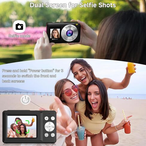 Digital Camera, 56MP 2.7K Dual-Screen Selfie Camera with 16X Zoom, 20 Filters & Anti-Shake, Portable Point and Shoot Digital Cameras with 32GB Card, Compact Travel Cameras for Beginners Teens Kids in Kuwait