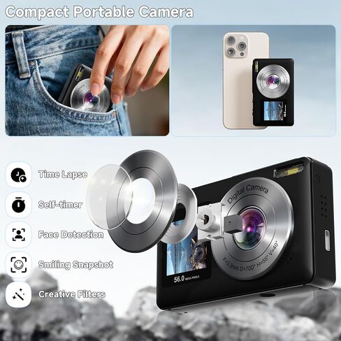 Digital Camera, 56MP 2.7K Dual-Screen Selfie Camera with 16X Zoom, 20 Filters & Anti-Shake, Portable Point and Shoot Digital Cameras with 32GB Card, Compact Travel Cameras for Beginners Teens Kids in Kuwait