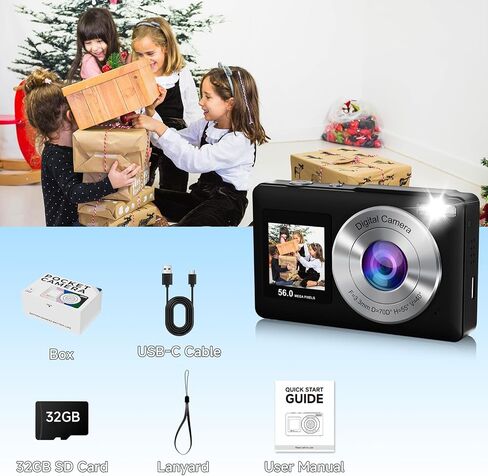 Digital Camera, 56MP 2.7K Dual-Screen Selfie Camera with 16X Zoom, 20 Filters & Anti-Shake, Portable Point and Shoot Digital Cameras with 32GB Card, Compact Travel Cameras for Beginners Teens Kids in Kuwait
