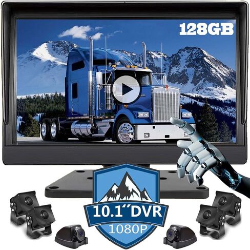 6 Channel Alarm Sensor Large 10.1 inch 1080P Backup Camera Audio Monitor & Built-in 128GB DVR Dash Cam for RV Truck Trailer Rear Side Front Reversing View Wired System Waterproof Avoid Blind Spot in Kuwait
