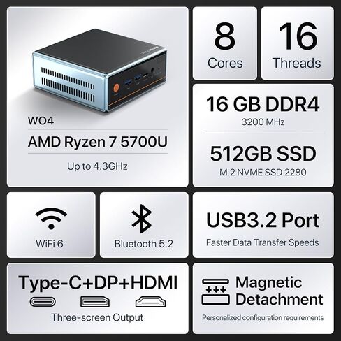 Trycoo Mini PC AMD Ryzen 7 5700U (8C/16T, Up to 4.3GHz) Mini Gaming Pc16GB DDR4 512GB SSD Dual LAN (2.5G+1G) WiFi 6 4K@60Hz HD DP Type-C Ultra-Mini Desktop for Office Home in Kuwait