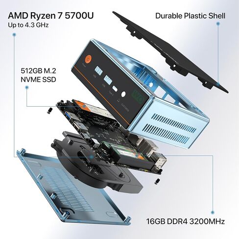 Trycoo Mini PC AMD Ryzen 7 5700U (8C/16T, Up to 4.3GHz) Mini Gaming Pc16GB DDR4 512GB SSD Dual LAN (2.5G+1G) WiFi 6 4K@60Hz HD DP Type-C Ultra-Mini Desktop for Office Home in Kuwait