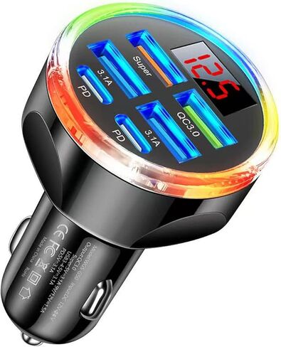 Super Fast Charge USB C Car Phone Charger Adapter 6 in 1 with Voltage Display, 250W Multi Port Cigarette Lighter USB Charge for iPhone 17 16 15 14 13 12 11 Samsung Galaxy Huawei Oneplus Oppo Vivo in Kuwait