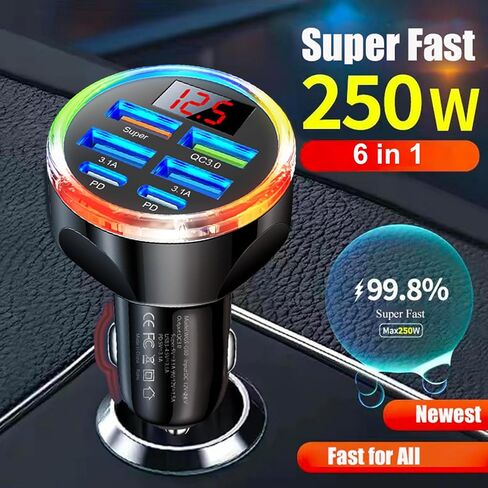 Super Fast Charge USB C Car Phone Charger Adapter 6 in 1 with Voltage Display, 250W Multi Port Cigarette Lighter USB Charge for iPhone 17 16 15 14 13 12 11 Samsung Galaxy Huawei Oneplus Oppo Vivo in Kuwait