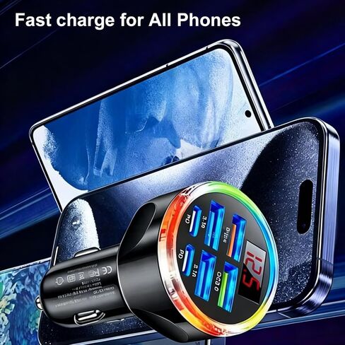 Super Fast Charge USB C Car Phone Charger Adapter 6 in 1 with Voltage Display, 250W Multi Port Cigarette Lighter USB Charge for iPhone 17 16 15 14 13 12 11 Samsung Galaxy Huawei Oneplus Oppo Vivo in Kuwait