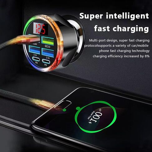 Super Fast Charge USB C Car Phone Charger Adapter 6 in 1 with Voltage Display, 250W Multi Port Cigarette Lighter USB Charge for iPhone 17 16 15 14 13 12 11 Samsung Galaxy Huawei Oneplus Oppo Vivo in Kuwait