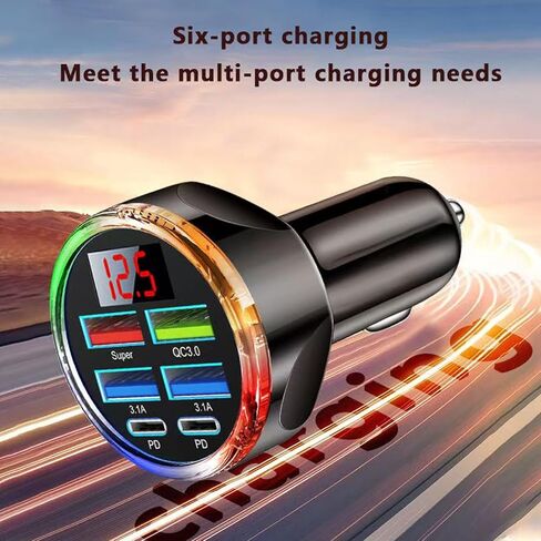 Super Fast Charge USB C Car Phone Charger Adapter 6 in 1 with Voltage Display, 250W Multi Port Cigarette Lighter USB Charge for iPhone 17 16 15 14 13 12 11 Samsung Galaxy Huawei Oneplus Oppo Vivo in Kuwait