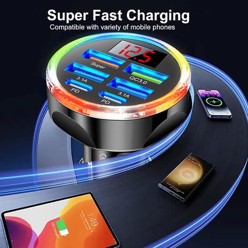Super Fast Charge USB C Car Phone Charger Adapter 6 in 1 with Voltage Display, 250W Multi Port Cigarette Lighter USB Charge for iPhone 17 16 15 14 13 12 11 Samsung Galaxy Huawei Oneplus Oppo Vivo in Kuwait