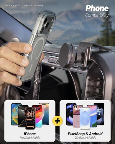 Scosche MagicMount Elite Qi2 Wireless MagSafe Car Mount Charger, 25W Magnetic Cell Phone Holder for Car with AMPS Mounting Plate and 3M Adhesive Dashboard Adapter Compatible with iPhone, Samsung in Kuwait