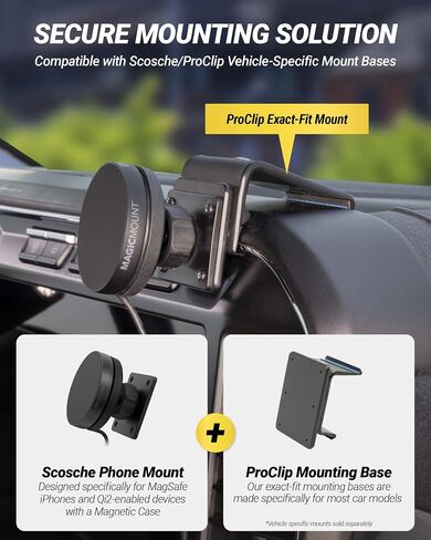 Scosche MagicMount Elite Qi2 Wireless MagSafe Car Mount Charger, 25W Magnetic Cell Phone Holder for Car with AMPS Mounting Plate and 3M Adhesive Dashboard Adapter Compatible with iPhone, Samsung in Kuwait