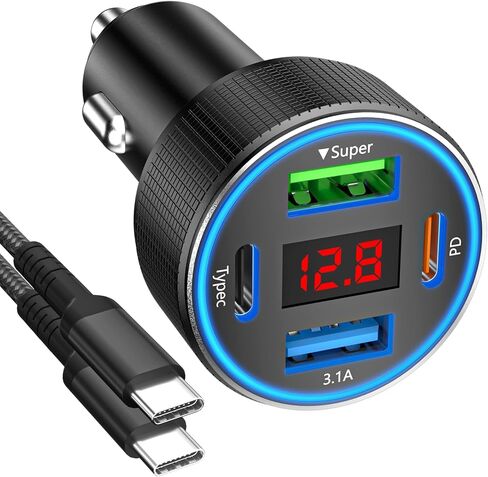 Car Charger USB C Fast Charging with 60W USB-C Cable, 78W 4 Port Metal USB Car Charger Adapter, PD QC3.0 Cigarette Lighter Adapter for iPhone 17 16 15 Pro Max, iPad, Samsung Galaxy, Android in Kuwait