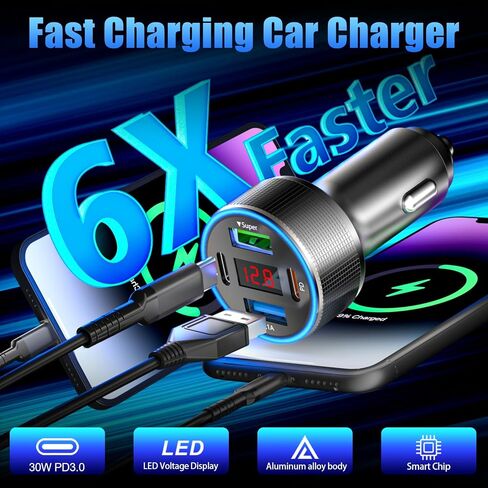 Car Charger USB C Fast Charging with 60W USB-C Cable, 78W 4 Port Metal USB Car Charger Adapter, PD QC3.0 Cigarette Lighter Adapter for iPhone 17 16 15 Pro Max, iPad, Samsung Galaxy, Android in Kuwait