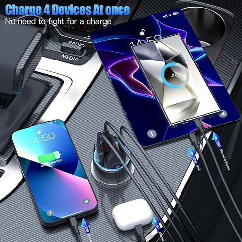 Car Charger USB C Fast Charging with 60W USB-C Cable, 78W 4 Port Metal USB Car Charger Adapter, PD QC3.0 Cigarette Lighter Adapter for iPhone 17 16 15 Pro Max, iPad, Samsung Galaxy, Android in Kuwait