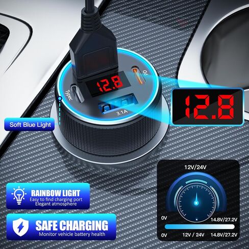 Car Charger USB C Fast Charging with 60W USB-C Cable, 78W 4 Port Metal USB Car Charger Adapter, PD QC3.0 Cigarette Lighter Adapter for iPhone 17 16 15 Pro Max, iPad, Samsung Galaxy, Android in Kuwait