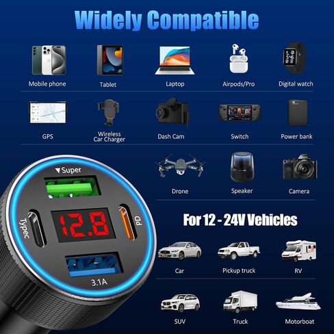 Car Charger USB C Fast Charging with 60W USB-C Cable, 78W 4 Port Metal USB Car Charger Adapter, PD QC3.0 Cigarette Lighter Adapter for iPhone 17 16 15 Pro Max, iPad, Samsung Galaxy, Android in Kuwait