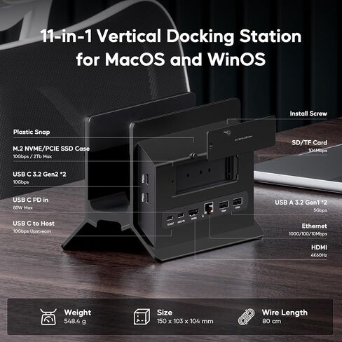 MacBook Pro Air Docking Station, Vertical USB C Laptop Docking Station with M.2 SSD Slot, HDMI 4K@60Hz, 4 USB A/C Max 10Gbps, Ethernet, SD/TF, PD Dock for MacBook/USB-C Win Laptops - Black in Kuwait