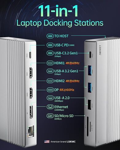 Dual Monitor Docking Station, USB C Dock(11-in-1) Support Dual/Triple Display with 2 HDMI, DP, 100W PD, Ethernet, 4USB, SD/TF Card Reader, Multi-Port Laptop Dock Compatible with MacBook/Dell/HP/Lenovo in Kuwait