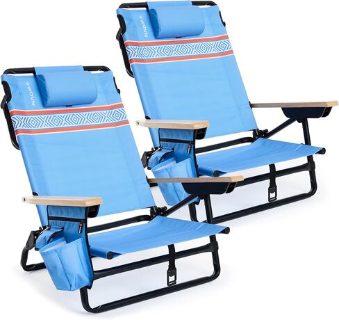 WOVN Premium Reclining Beach Chairs 2 Pack - Portable Lay Flat Folding Beach Chair for Adults - Includes Shoulder Backpack Strap, Pillow, 2 Pockets, and Cup Holder - Baja in Kuwait