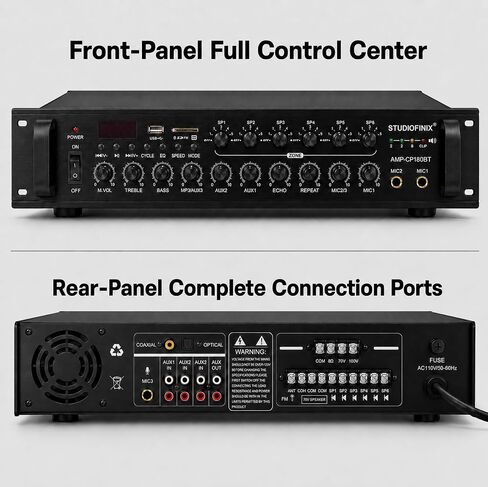 STUDIOFINIX 70V Commercial Amplifier 180W 6‑Zone,Bluetooth/USB/SD/RCA/MIC/FM/Optical Inputs for Restaurants, Offices, 2U Rack Mount, Compatible with 4‑16Ω Speakers in Kuwait