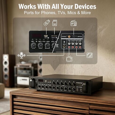STUDIOFINIX 70V Commercial Amplifier 180W 6‑Zone,Bluetooth/USB/SD/RCA/MIC/FM/Optical Inputs for Restaurants, Offices, 2U Rack Mount, Compatible with 4‑16Ω Speakers in Kuwait