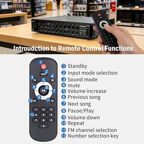 STUDIOFINIX 70V Commercial Amplifier 180W 6‑Zone,Bluetooth/USB/SD/RCA/MIC/FM/Optical Inputs for Restaurants, Offices, 2U Rack Mount, Compatible with 4‑16Ω Speakers in Kuwait