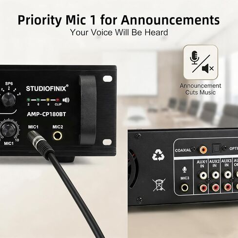 STUDIOFINIX 70V Commercial Amplifier 180W 6‑Zone,Bluetooth/USB/SD/RCA/MIC/FM/Optical Inputs for Restaurants, Offices, 2U Rack Mount, Compatible with 4‑16Ω Speakers in Kuwait