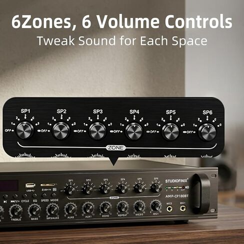 STUDIOFINIX 70V Commercial Amplifier 180W 6‑Zone,Bluetooth/USB/SD/RCA/MIC/FM/Optical Inputs for Restaurants, Offices, 2U Rack Mount, Compatible with 4‑16Ω Speakers in Kuwait