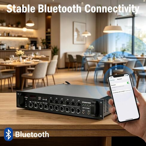 STUDIOFINIX 70V Commercial Amplifier 180W 6‑Zone,Bluetooth/USB/SD/RCA/MIC/FM/Optical Inputs for Restaurants, Offices, 2U Rack Mount, Compatible with 4‑16Ω Speakers in Kuwait
