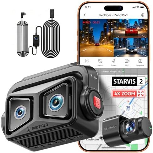 REDTIGER ZoomPix1 & OBD, Dash Cam Front and Rear, Telephoto+Wide Front Lenses for 100ft Plate Recognition, 4X Zoom, Dual STARVIS 2, 2K+1080P Recording, HDR Night Vision, 5.8GHz WiFi, Voice Control in Kuwait